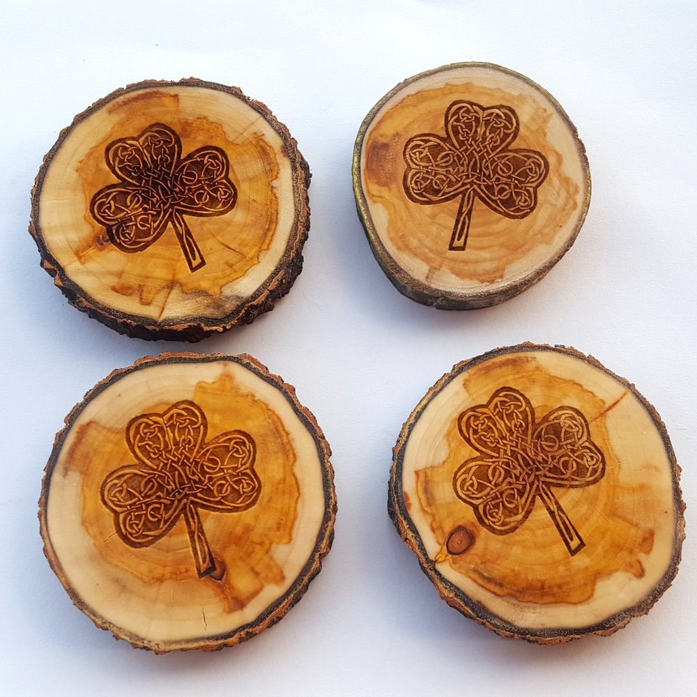 Celtic Clover Rustic Tree Slice Coaster Set of 4
